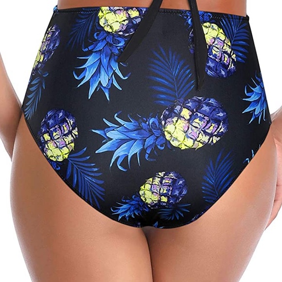 NEW TEMPT ME Black Pineapple High Rise Waisted Swim Bikini Bottom Size Medium - Picture 7 of 7